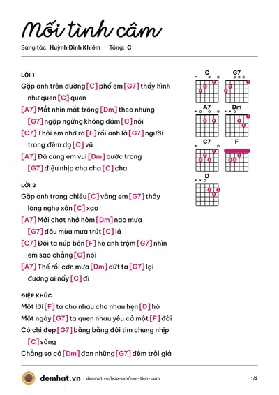 Hợp âm Mối tình câm (Connie Kim (trước 75)) – bản nhạc PDF trang 1, tông C