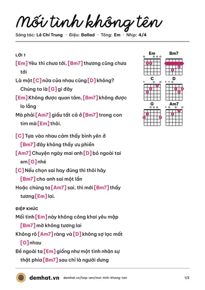 Hợp âm Mối tình không tên (Đình Nguyên) – bản nhạc PDF trang 1, tông Em