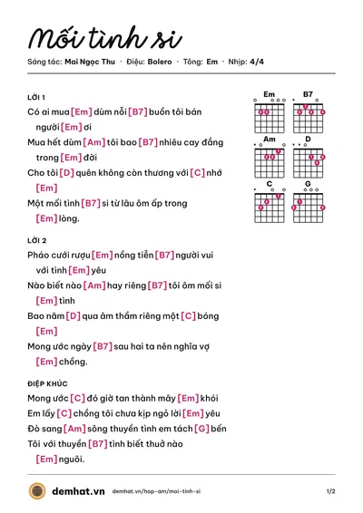 Hợp âm Mối tình si (Mai Tiến Đạt) – bản nhạc PDF trang 1, tông Em