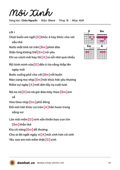Hợp âm Môi Xinh (Tâm Tít) – bản nhạc PDF trang 1, tông D