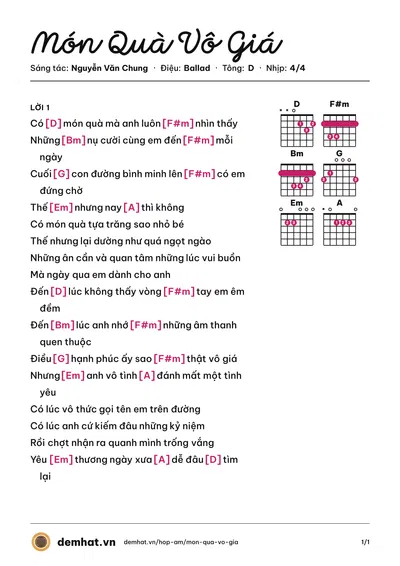 Hợp âm Món Quà Vô Giá (Tim) – bản nhạc PDF trang 1, tông D
