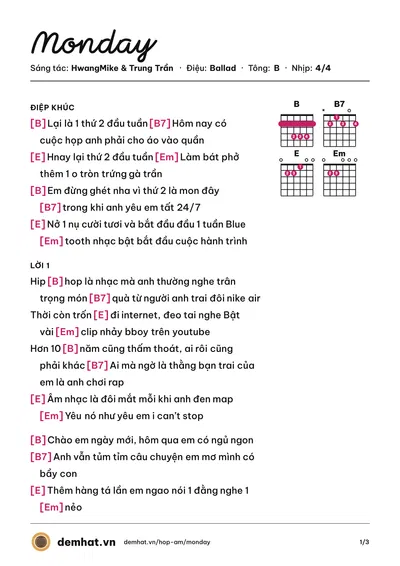 Hợp âm Monday (Trung Trần) – bản nhạc PDF trang 1, tông B