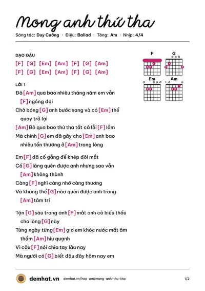 Hợp âm Mong anh thứ tha (Duy Cường) – bản nhạc PDF trang 1, tông Am