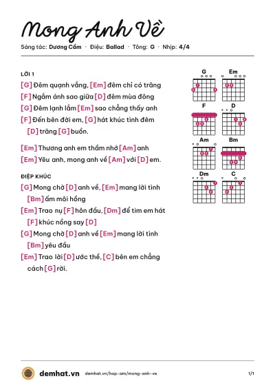 Hợp âm Mong Anh Về (Phượng Linh) – bản nhạc PDF trang 1, tông G