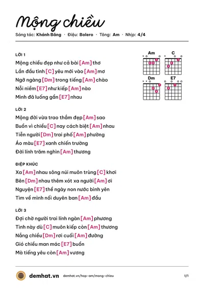 Hợp âm Mộng chiều (Thanh Thuý (trước 75)) – bản nhạc PDF trang 1, tông Am