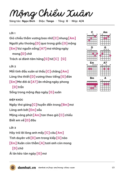 Hợp âm Mộng Chiều Xuân (Như Quỳnh) – bản nhạc PDF trang 1, tông G