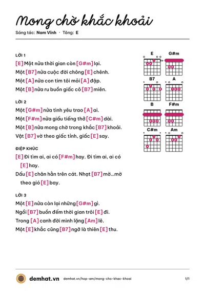 Hợp âm Mong chờ khắc khoải (Hồng Hạnh) – bản nhạc PDF trang 1, tông E