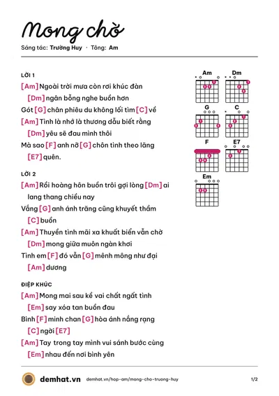 Hợp âm Mong chờ (Trường Huy) – bản nhạc PDF trang 1, tông Am