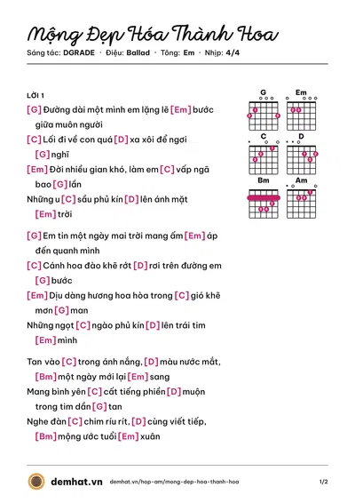 Hợp âm Mộng Đẹp Hóa Thành Hoa (Linh Hương Luz) – bản nhạc PDF trang 1, tông Em