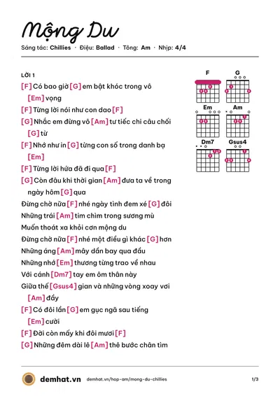 Hợp âm Mộng Du (Chillies) – bản nhạc PDF trang 1, tông Am