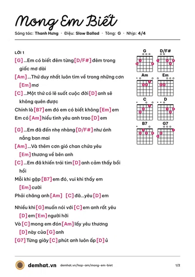 Hợp âm Mong Em Biết (Thanh Hưng) – bản nhạc PDF trang 1, tông G