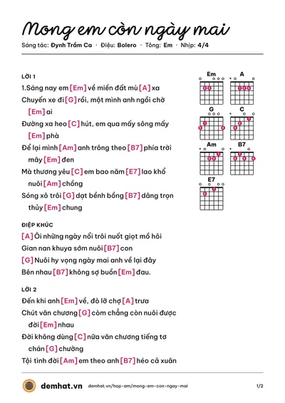 Hợp âm Mong em còn ngày mai (Ngọc Sơn) – bản nhạc PDF trang 1, tông Em