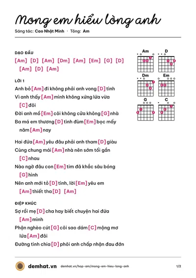 Hợp âm Mong em hiểu lòng anh (Huỳnh Nguyễn Công Bằng) – bản nhạc PDF trang 1, tông Am