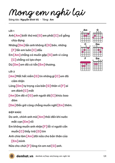 Hợp âm Mong em nghĩ lại (Nguyễn Đình Vũ) – bản nhạc PDF trang 1, tông Am