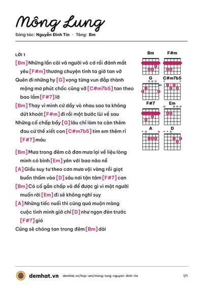 Hợp âm Mông Lung (Dee Trần) – bản nhạc PDF trang 1, tông Bm