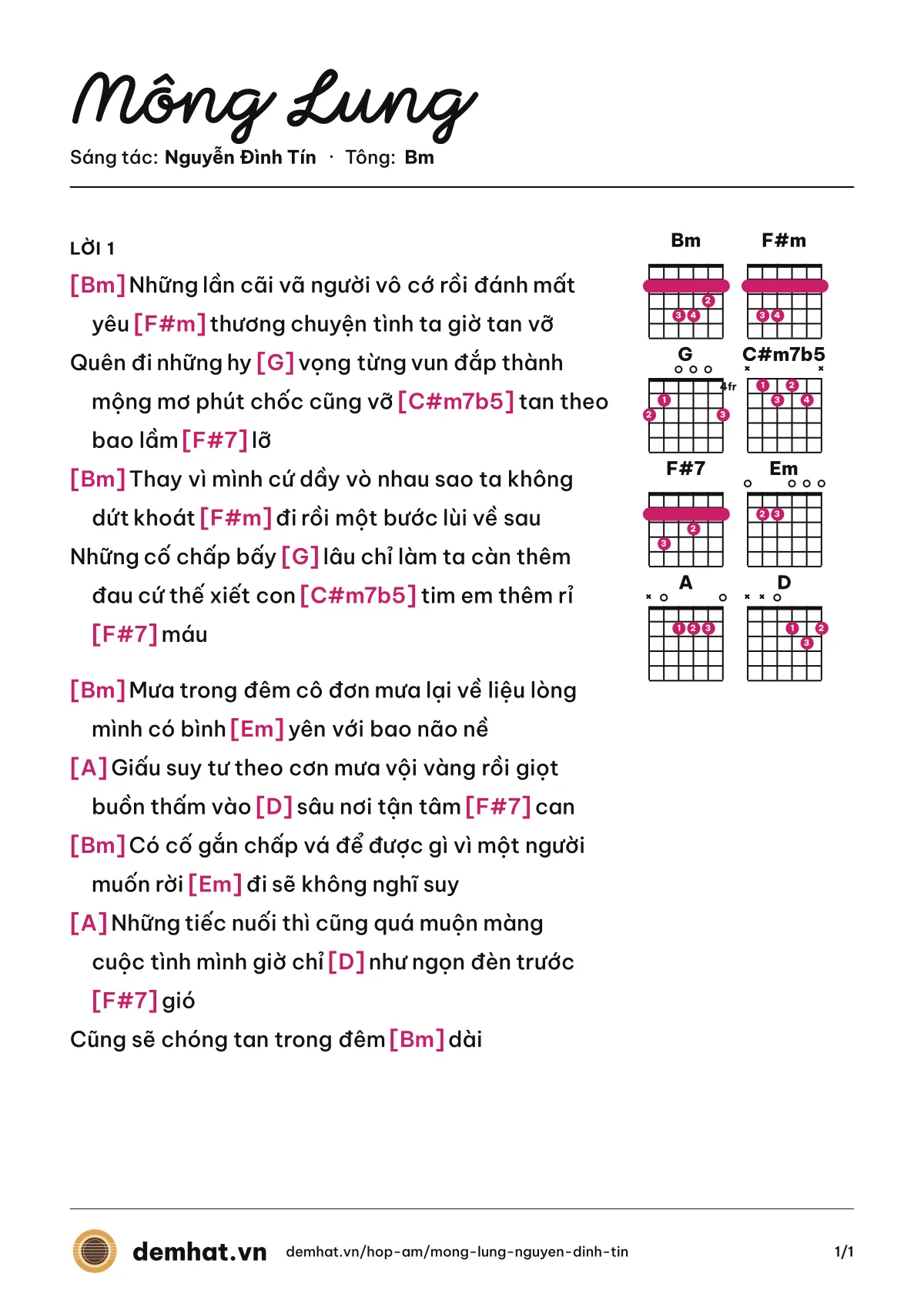 Hợp âm Mông Lung (Dee Trần) – bản nhạc PDF trang 1, tông Bm