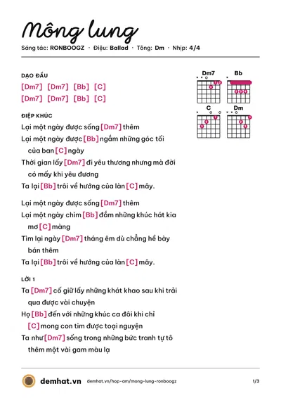 Hợp âm Mông lung (RONBOOGZ) – bản nhạc PDF trang 1, tông Dm