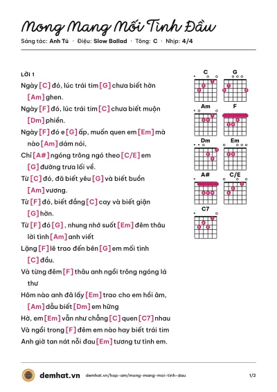 Hợp âm Mong Mang Mối Tình Đầu (Anh Tú) – bản nhạc PDF trang 1, tông C