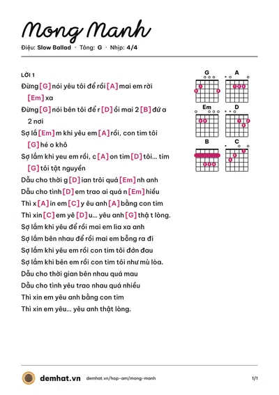 Hợp âm Mong Manh (Quân Keyboard) – bản nhạc PDF trang 1, tông G