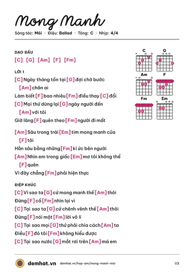 Hợp âm Mong Manh (Môi) – bản nhạc PDF trang 1, tông C