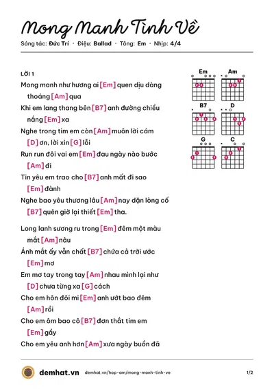 Hợp âm Mong Manh Tình Về (Quốc Thiên) – bản nhạc PDF trang 1, tông Em