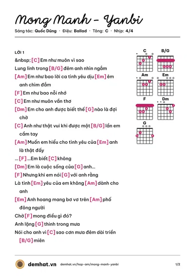 Hợp âm Mong Manh - Yanbi (Yanbi) – bản nhạc PDF trang 1, tông C