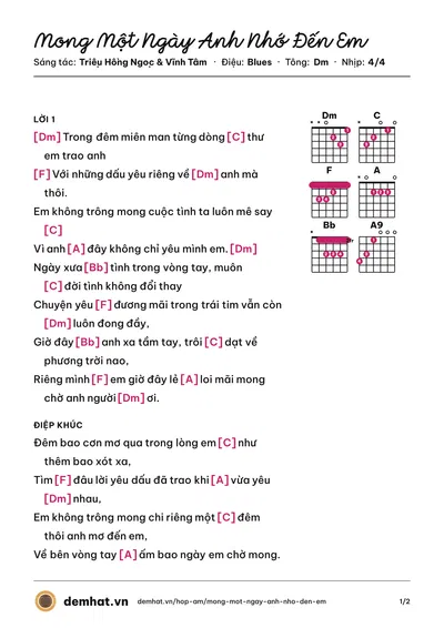 Hợp âm Mong Một Ngày Anh Nhớ Đến Em (Triệu Hồng Ngọc) – bản nhạc PDF trang 1, tông Dm