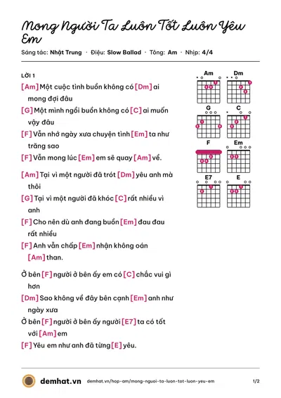 Hợp âm Mong Người Ta Luôn Tốt Luôn Yêu Em (Lưu Chí Vỹ) – bản nhạc PDF trang 1, tông Am