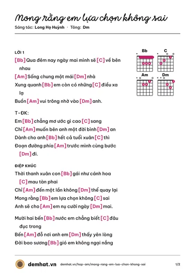 Hợp âm Mong rằng em lựa chọn không sai (Long Họ Huỳnh) – bản nhạc PDF trang 1, tông Dm
