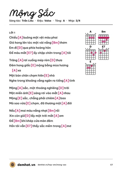 Hợp âm Mộng Sắc (Trần Liêu) – bản nhạc PDF trang 1, tông A