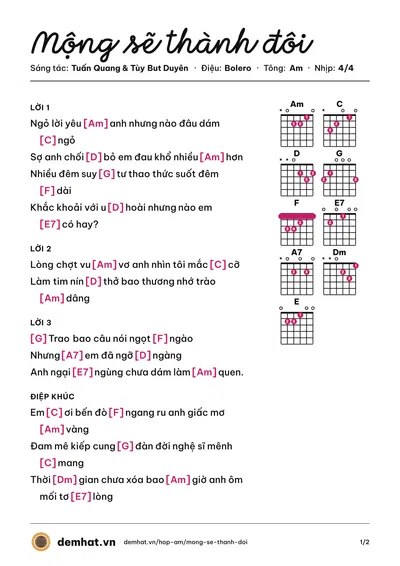Hợp âm Mộng sẽ thành đôi (Tùy But Duyên) – bản nhạc PDF trang 1, tông Am