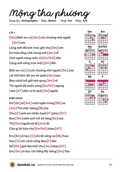 Hợp âm Mộng tha phương (Trường Vũ) – bản nhạc PDF trang 1, tông Dm