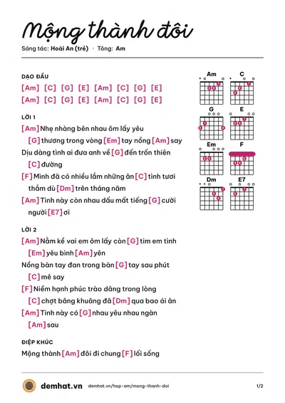 Hợp âm Mộng thành đôi (Hoài An (trẻ)) – bản nhạc PDF trang 1, tông Am