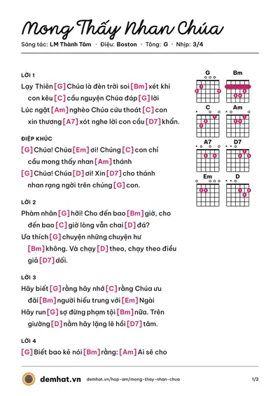 Hợp âm Mong Thấy Nhan Chúa (Thảo Trang) – bản nhạc PDF trang 1, tông G