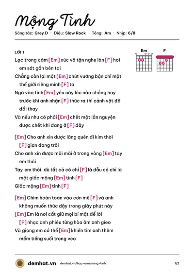 Hợp âm Mộng Tình (Grey D) – bản nhạc PDF trang 1, tông Am