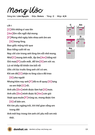 Hợp âm Mong Ước (Nhật Minh) – bản nhạc PDF trang 1, tông C
