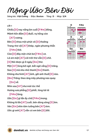 Hợp âm Mộng Ước Bên Đời (Tuyết Mai) – bản nhạc PDF trang 1, tông D