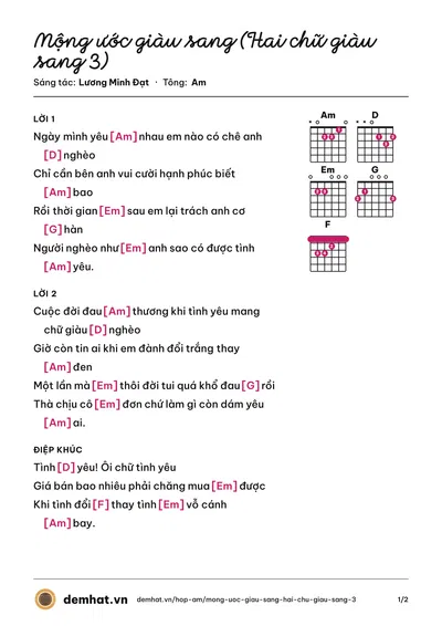 Hợp âm Mộng ước giàu sang (Hai chữ giàu sang 3) (Lâm Hoài Phong) – bản nhạc PDF trang 1, tông Am