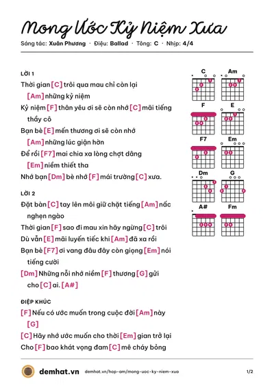 Hợp âm Mong Ước Kỷ Niệm Xưa (Tam Ca 3A) – bản nhạc PDF trang 1, tông C