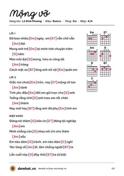 Hợp âm Mộng vỡ (Thúy Hương) – bản nhạc PDF trang 1, tông Em