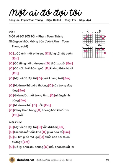 Hợp âm Một ai đó đợi tôi (Phạm Toàn Thắng) – bản nhạc PDF trang 1, tông Em