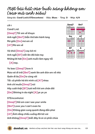 Hợp âm Một bài hát vào buổi sáng không em (sao mà anh siêu) (Cand! Lnd) – bản nhạc PDF trang 1, tông D