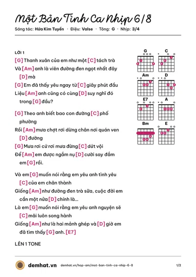 Hợp âm Một Bản Tình Ca Nhịp 6/8 (Phùng Khánh Linh) – bản nhạc PDF trang 1, tông G