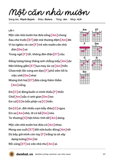 Hợp âm Một căn nhà mướn (Mạnh Quỳnh) – bản nhạc PDF trang 1, tông Am