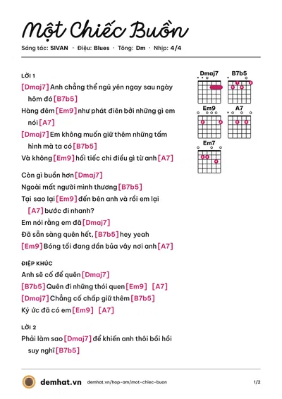 Hợp âm Một Chiếc Buồn (SIVAN) – bản nhạc PDF trang 1, tông Dm