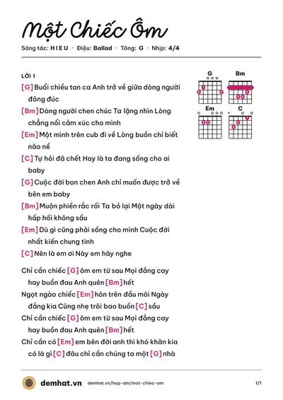 Hợp âm Một Chiếc Ôm (H I E U) – bản nhạc PDF trang 1, tông G