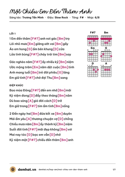 Hợp âm Một Chiều Em Đến Thăm Anh (Trương Tấn Minh) – bản nhạc PDF trang 1, tông F#