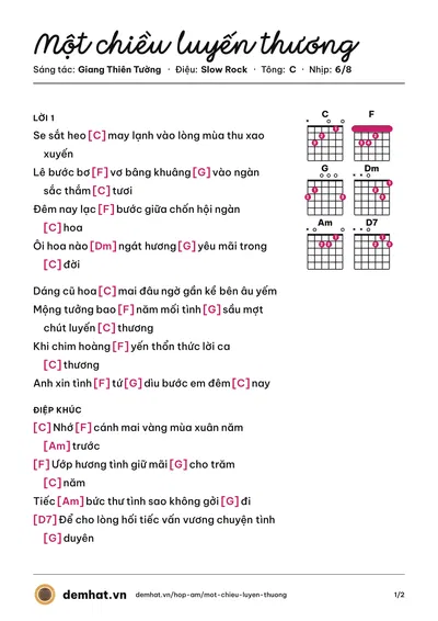 Hợp âm Một chiều luyến thương (Quang Minh) – bản nhạc PDF trang 1, tông C