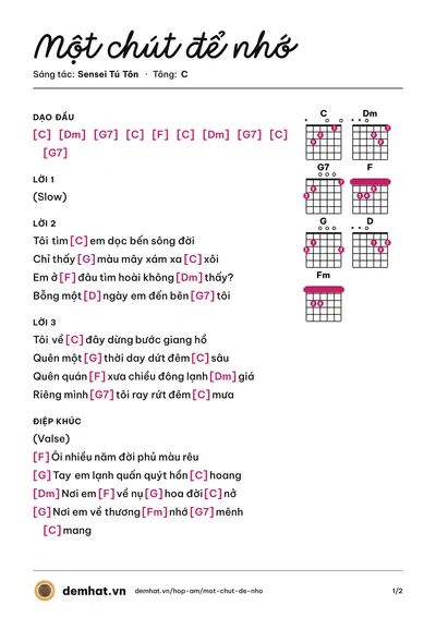 Hợp âm Một chút để nhớ (Karaoke) – bản nhạc PDF trang 1, tông C