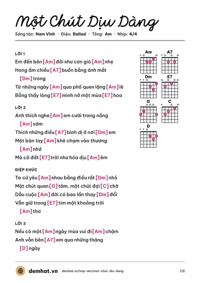 Hợp âm Một Chút Dịu Dàng (Nam Vĩnh) – bản nhạc PDF trang 1, tông Am